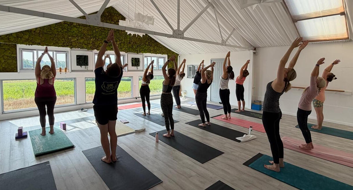 Thaxted Wellness Hub Yoga class standing in sun salutation at Thaxted Wellness Hub, Ess